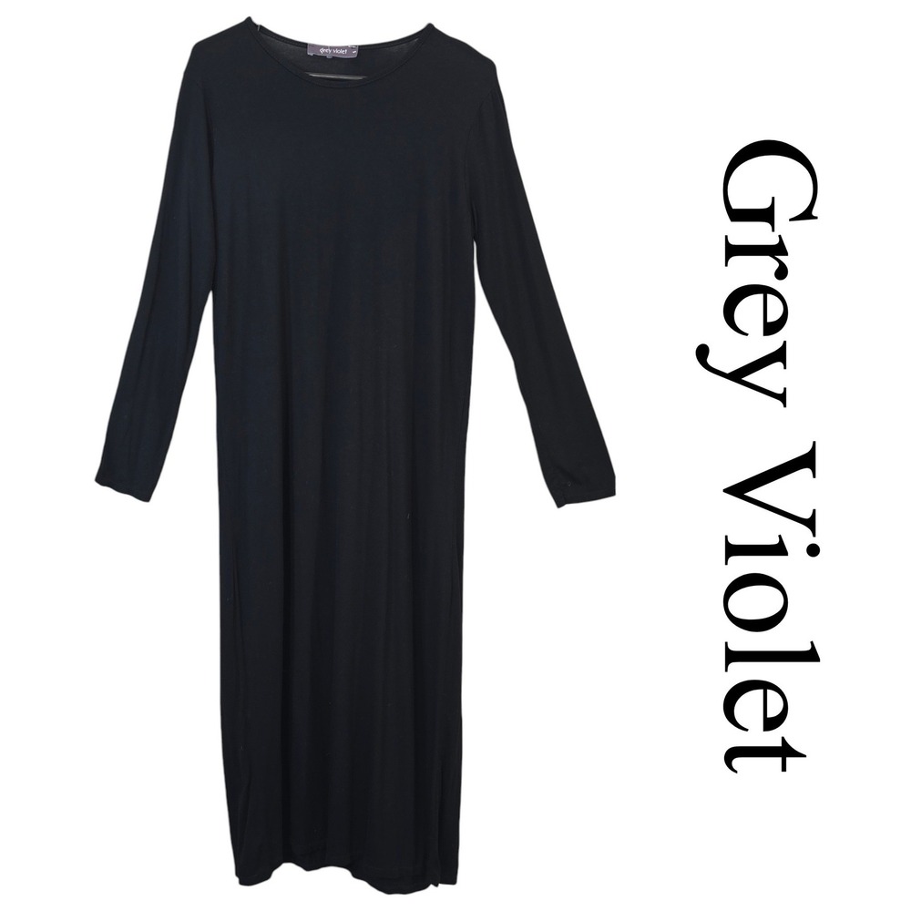 Grey Violet Black Long Sleeve Maxi Dress Made in Italy Viscose Stretch Small S